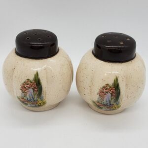 Melon Shaped Beige Brown Speckled Floral Vintage Salt & Pepper Shaker Set